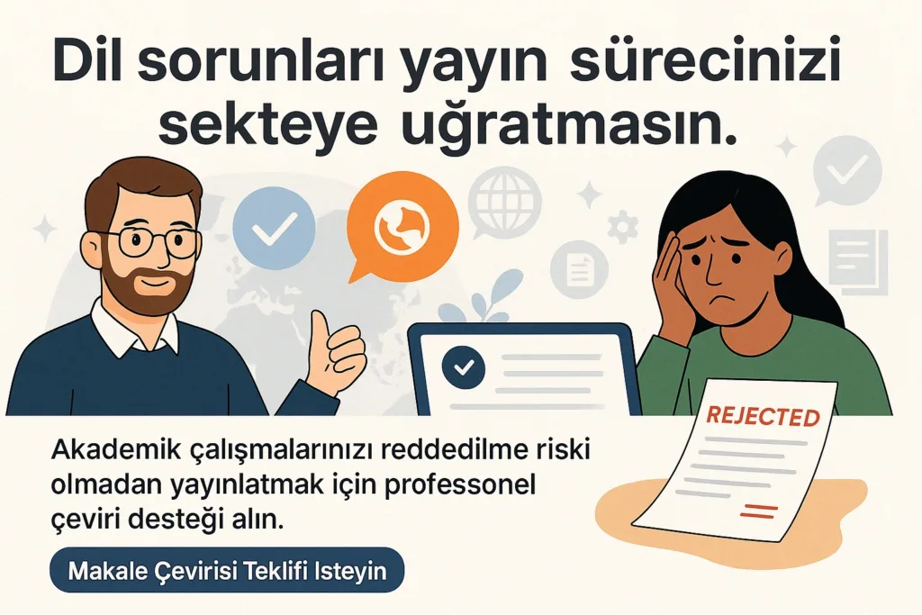 Dil sorunları nedeniyle makalesi reddedilen bir akademisyenin üzgün ifadesi ve karşısında destek sunan bir çeviri uzmanının yer aldığı, akademik yayın başarısına yönelik profesyonel destek çağrısı içeren görsel.